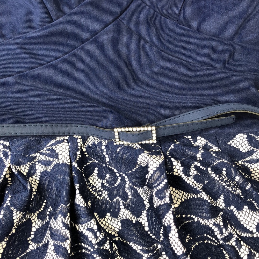 Crystal Doll Navy Lace Belted Flare Dress Sz 5 & 7 - Picture 4 of 6